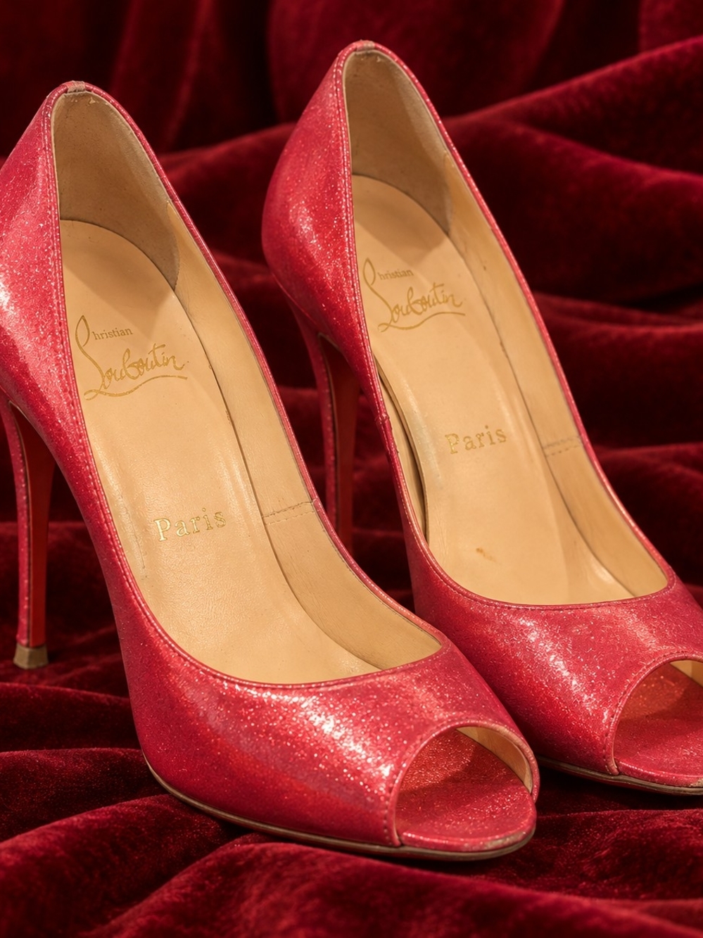 Christian Louboutin Glitter Pink Peep-Toe Stilettos